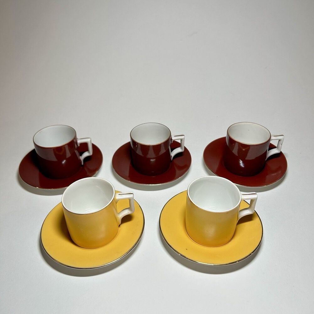 Vintage Mid Century Modern Red & Yellow Demitasse Espresso Cups & Saucers Set 5